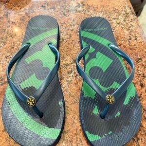 Tory Burch Navy and Emerald Flip Flops
